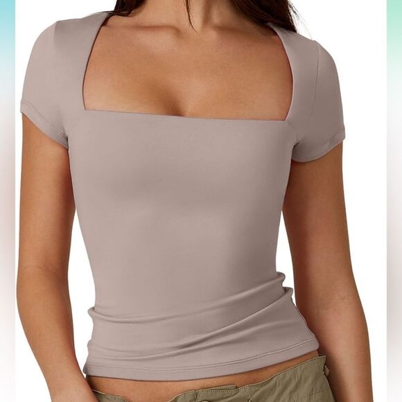 QINSEN Square Neck Tee – Fitted Short Sleeve Double-Lined Top Size XL - Picture 2 of 7